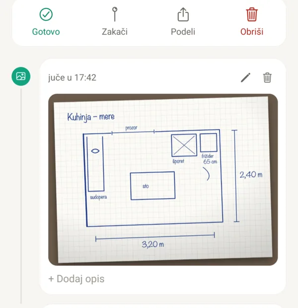 Beleška u aplikaciji SayPin sa fotografijom skice kuhinje, glasovnim snimkom i tekstom
