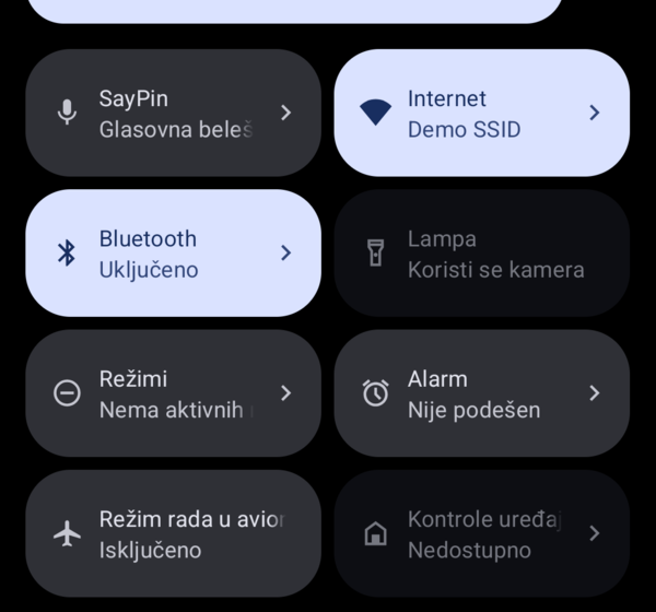 Pločica SayPin među brzim podešavanjima Android telefona